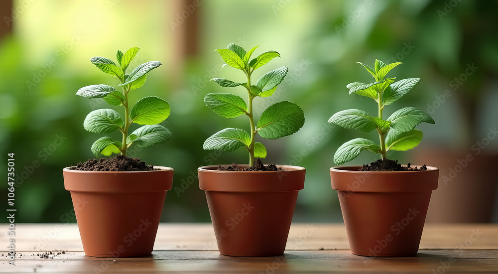 Fototapeta premium Three potted plants are sitting on a wooden table