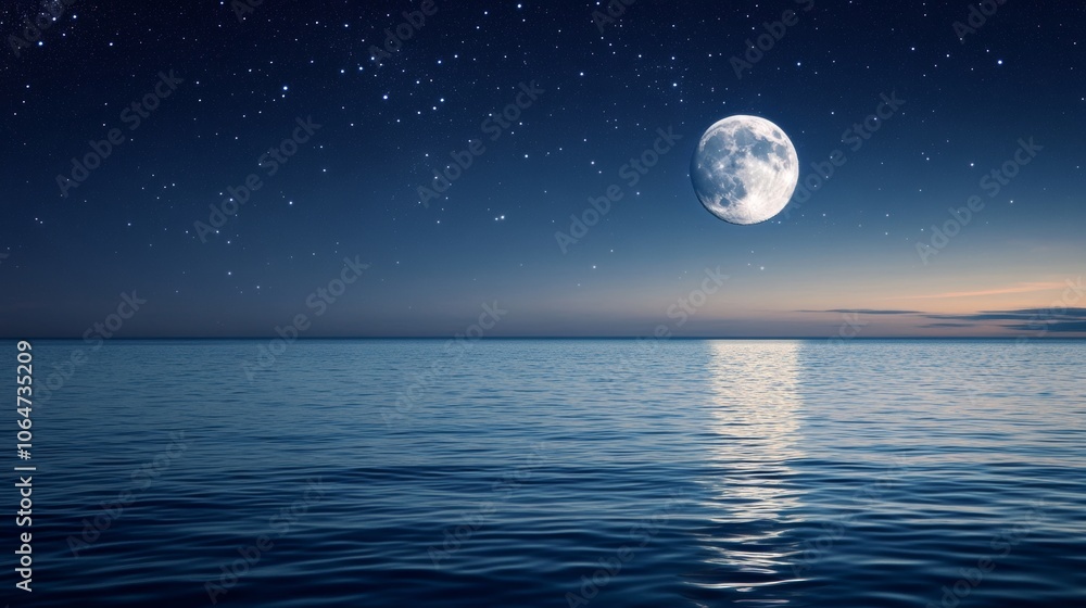 Calm ocean surface reflecting the soft glow of a full moon under a starry night sky Calm ocean surface reflecting the soft glow of a full moon under a starry night sky