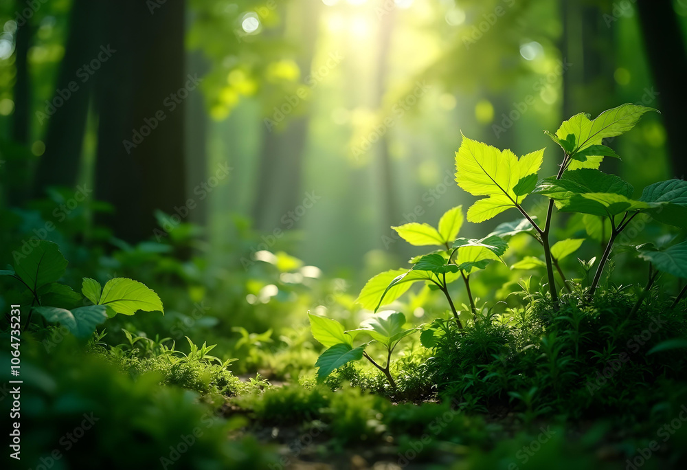 Fototapeta premium Lush green leaves basking in sunlight create serene forest atmosphere, showcasing natural textures and vibrant life