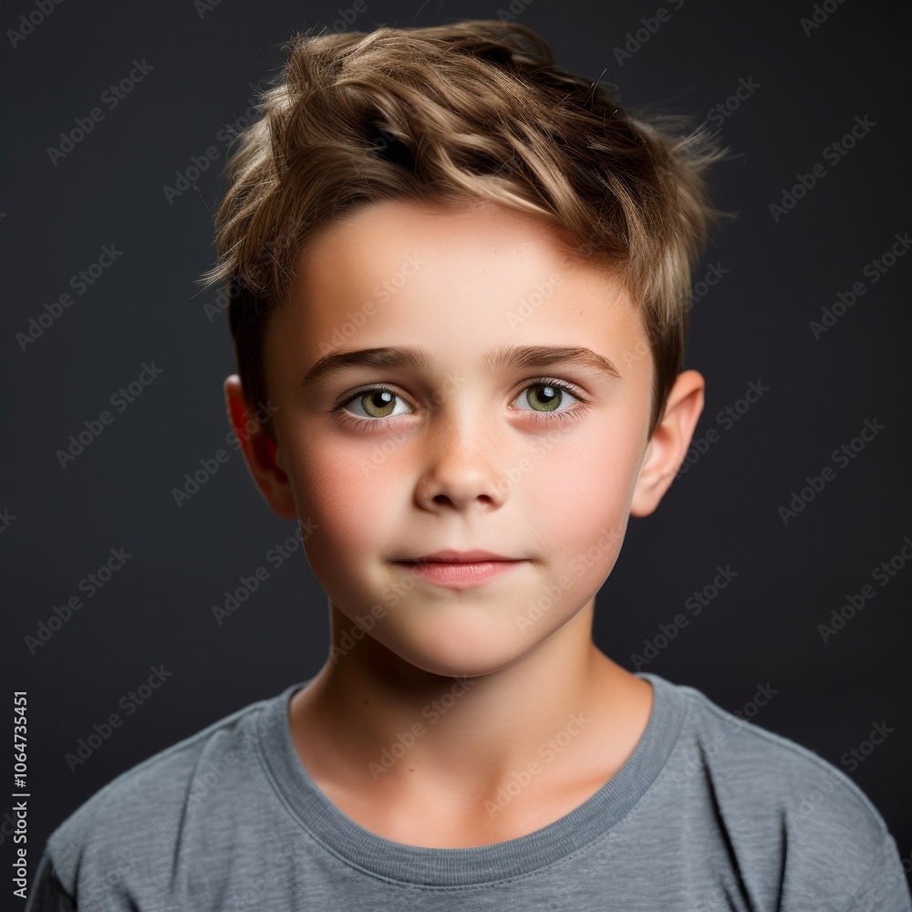 Young Australian boy in casual outfit studio headshot against diverse background Young Australian boy in casual outfit studio headshot against diverse background