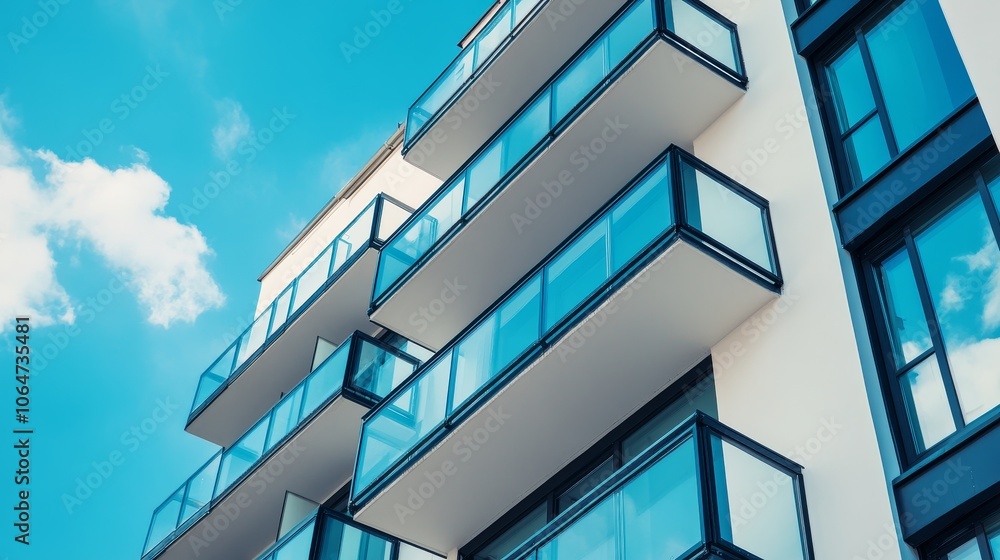 Modern apartment building with balconies against a blue sky and clouds. Modern apartment building with balconies against a blue sky and clouds.