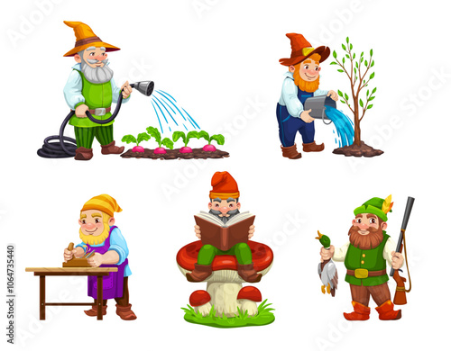 Cartoon gnome dwarf characters. Cute fairytale garden gnome vector personages of carpenter, hunter and gardener. Funny dwarves watering plants with bucket, reading book, planning wood and hunting duck