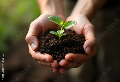 Nurturing young plant in hands, symbolizing growth and care for nature. This captures essence of environmental stewardship and importance of nurturing life