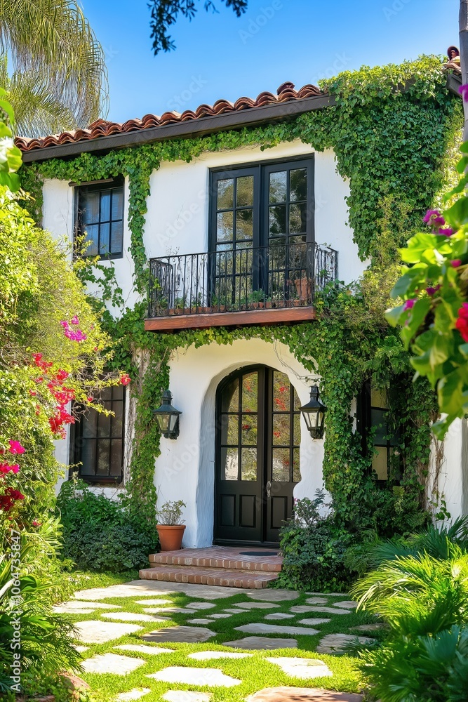 A house with ivy growing on it. The house is white and has a black door A house with ivy growing on it. The house is white and has a black door