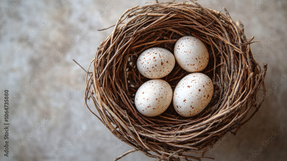 Fototapeta premium Speckled eggs in a nest on a natural background.