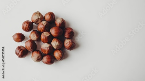 A group of hazelnuts, set against a plain white backdrop.