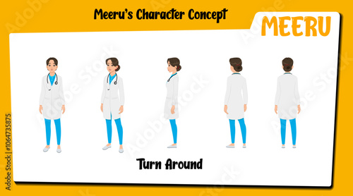 A radiologist cartoon character turnaround modelsheet AKA Meeru. Female radiologist cartoon vector.