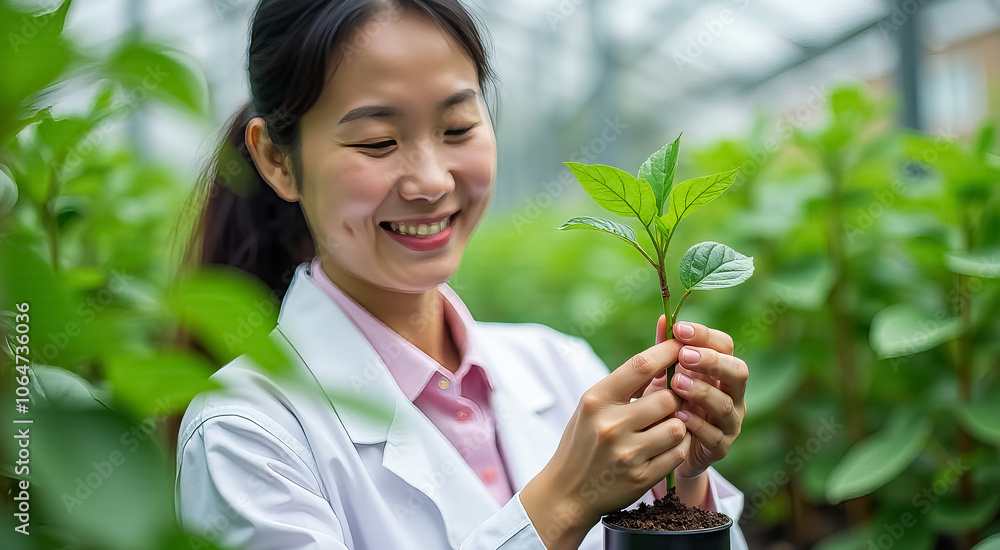 A woman in a white lab coat is holding a plant in a pot A woman in a white lab coat is holding a plant in a pot