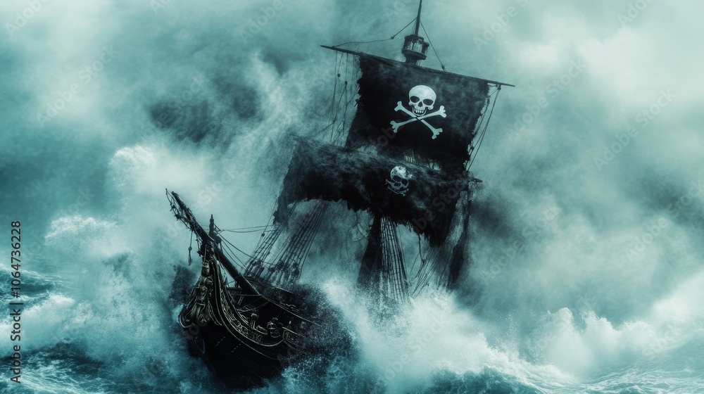 Fototapeta premium Dramatic pirate ship riding through rough waters the iconic skull-and-crossbones flag flying high with waves crashing against its hull