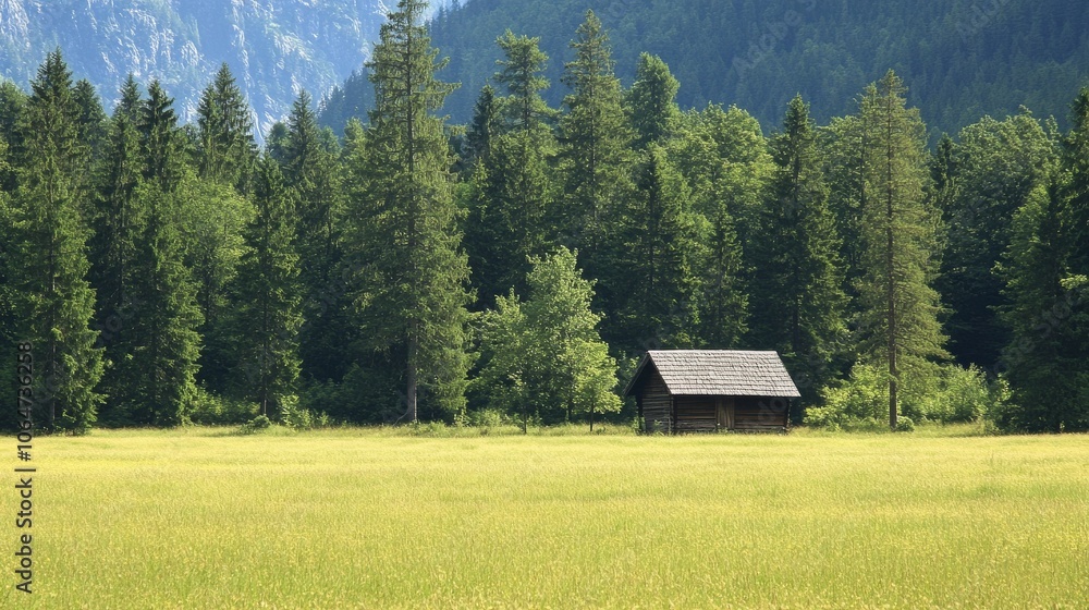 A grassy field with a shepherd's cabin and tall spruce trees in Pokljuka, Slovenia. A grassy field with a shepherd's cabin and tall spruce trees in Pokljuka, Slovenia.