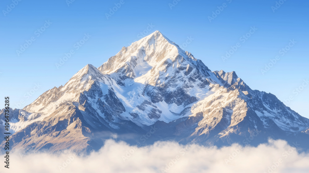 High-altitude view of snow-capped mountain peak above clouds, blue sky High-altitude view of snow-capped mountain peak above clouds, blue sky