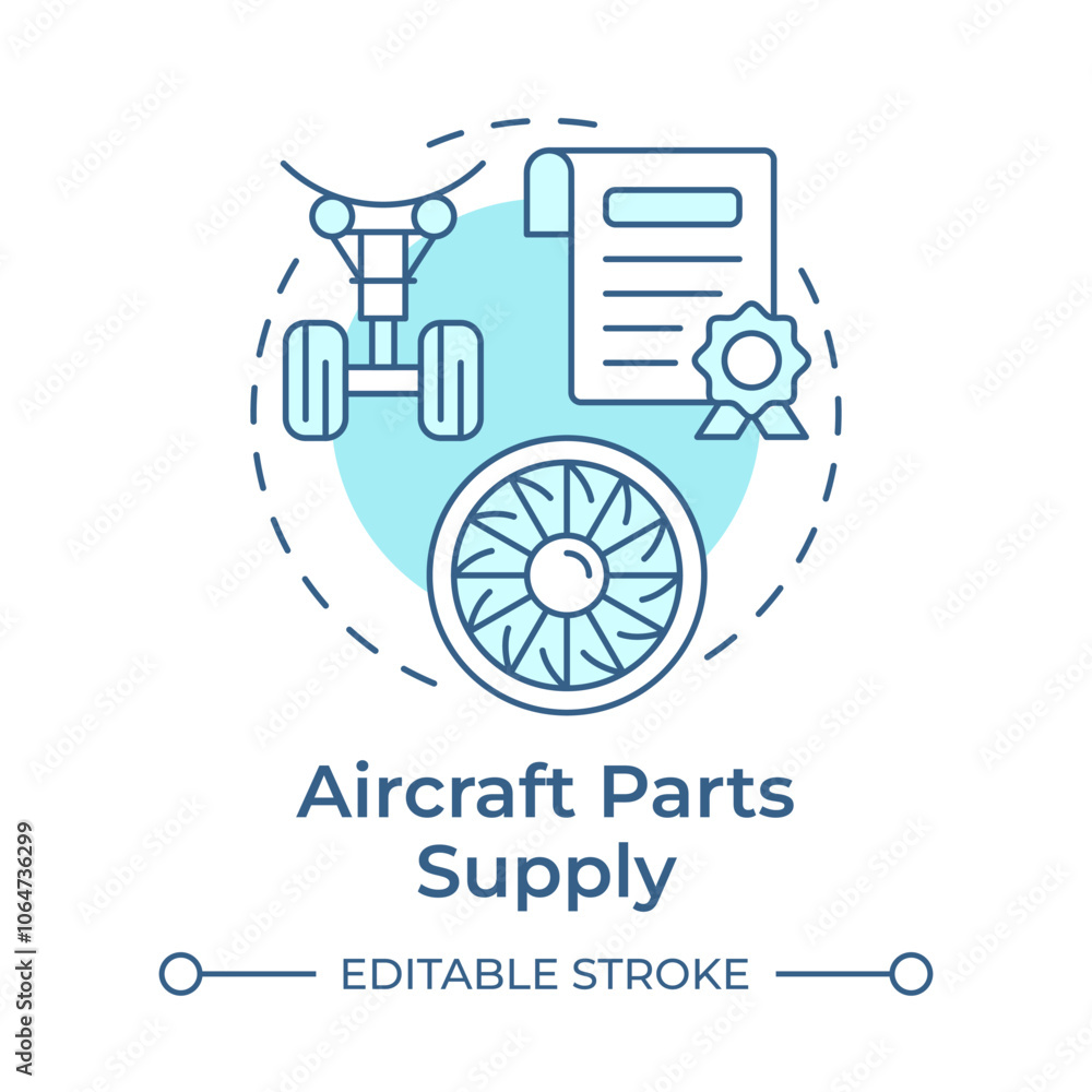Aircraft parts supply soft blue concept icon. Regulatory compliance, certification. Round shape line illustration. Abstract idea. Graphic design. Easy to use in infographic, presentation Aircraft parts supply soft blue concept icon. Regulatory compliance, certification. Round shape line illustration. Abstract idea. Graphic design. Easy to use in infographic, presentation