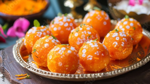 Exquisite Platter of Motichoor Laddus - Traditional Indian Sweets Display photo