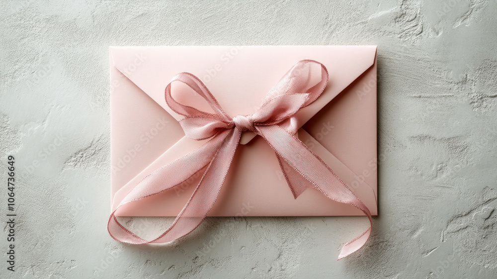 Pink envelope with ribbon on textured surface. Pink envelope with ribbon on textured surface.