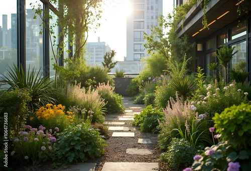 serene garden pathway lined with vibrant flowers and lush greenery, illuminated by warm glow of setting sun. This tranquil space blends nature with urban living beautifully