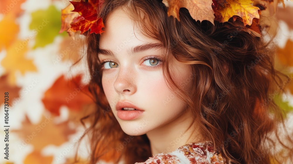 A lovely young woman with autumn leaves in her hair. She has a fresh, natural look with beautiful eyes. A lovely young woman with autumn leaves in her hair. She has a fresh, natural look with beautiful eyes.