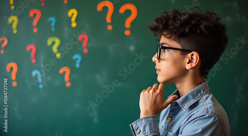 A boy is looking at a board with many questions on it