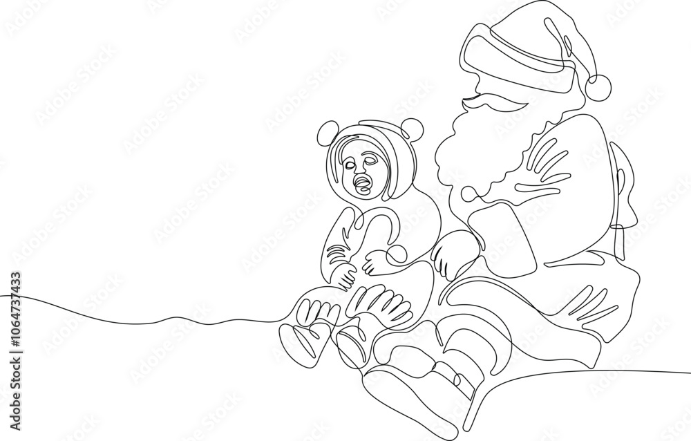 Outlined Cute Santa Claus Cartoon Character With A Sack Full Of Gifts. Vector Hand Drawn Illustration. One continuous line drawing Santa Claus on reindeer and sled. concept for Christmas and New Year Outlined Cute Santa Claus Cartoon Character With A Sack Full Of Gifts. Vector Hand Drawn Illustration. One continuous line drawing Santa Claus on reindeer and sled. concept for Christmas and New Year