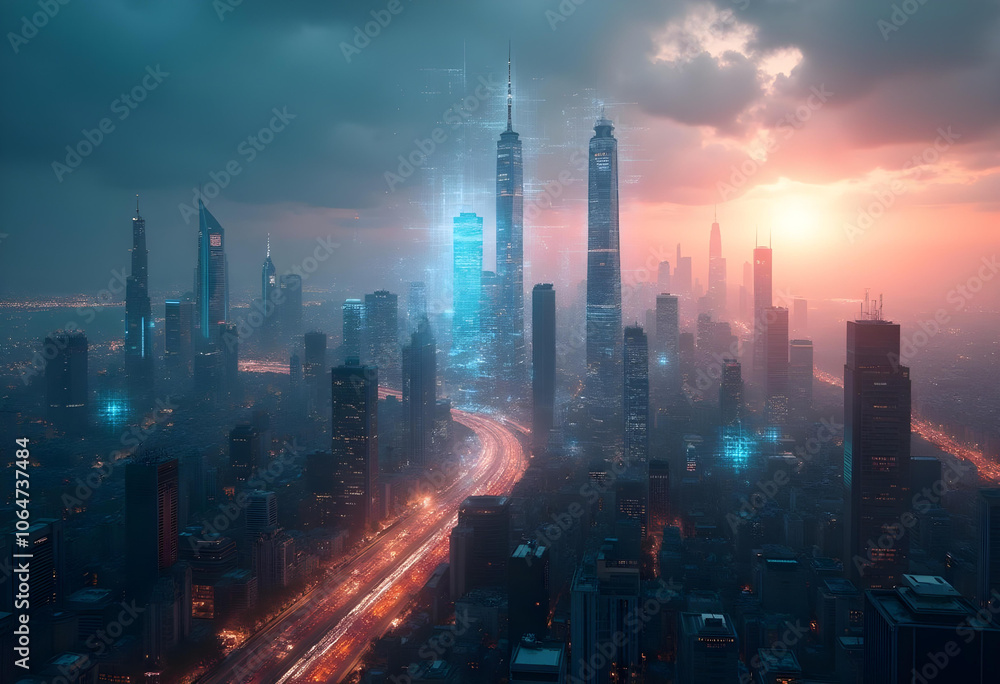 Fototapeta premium futuristic city skyline at dusk, featuring tall skyscrapers and glowing lights, creating vibrant urban atmosphere