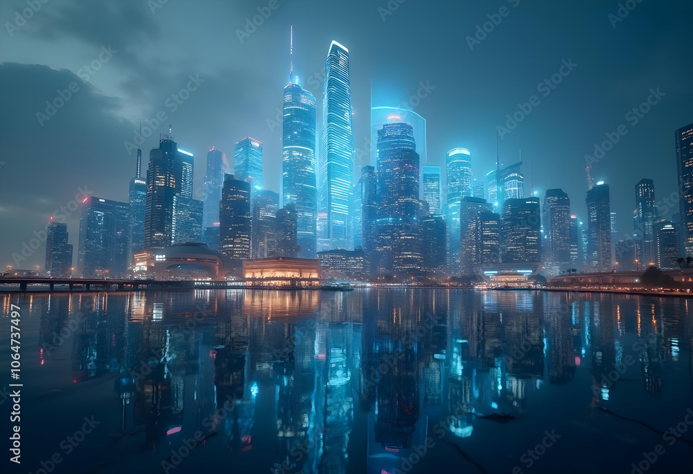 Fototapeta premium stunning cityscape at night featuring illuminated skyscrapers reflecting on water, creating vibrant and futuristic atmosphere