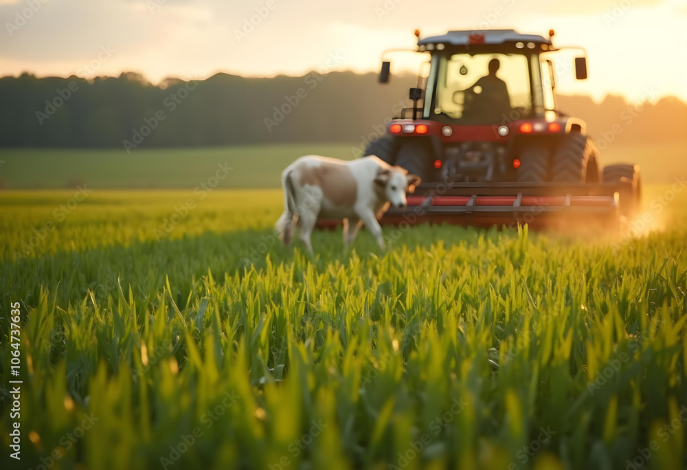 tractor plows green field at sunset, with cow grazing nearby, creating serene rural scene. warm light enhances natural beauty of landscape tractor plows green field at sunset, with cow grazing nearby, creating serene rural scene. warm light enhances natural beauty of landscape