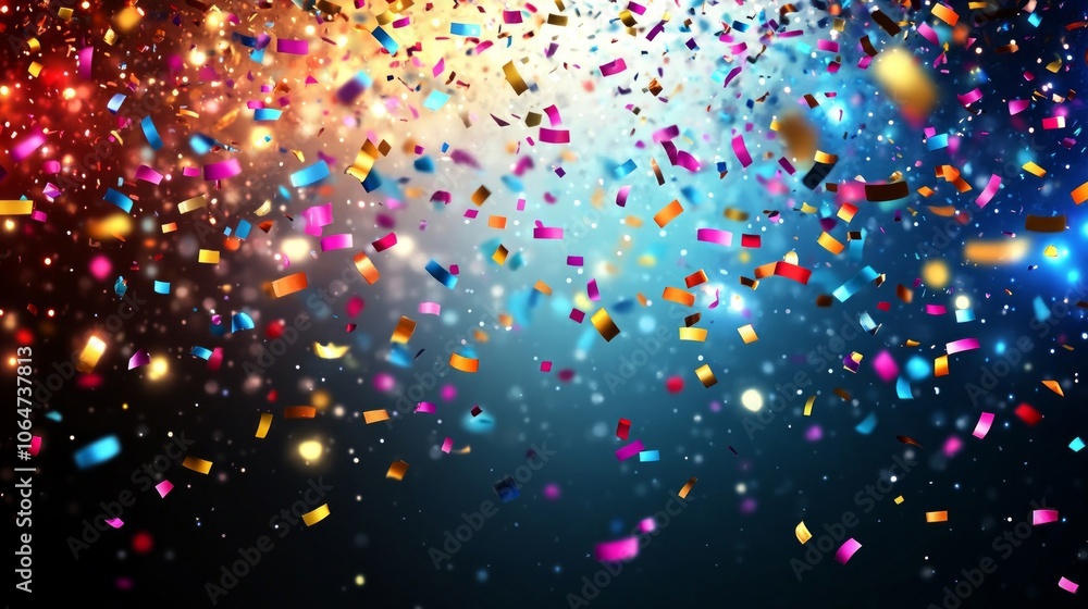 Colorful confetti rains down while bright lights illuminate the atmosphere, marking the joyous celebration of New Year's Eve as midnight strikes Colorful confetti rains down while bright lights illuminate the atmosphere, marking the joyous celebration of New Year's Eve as midnight strikes