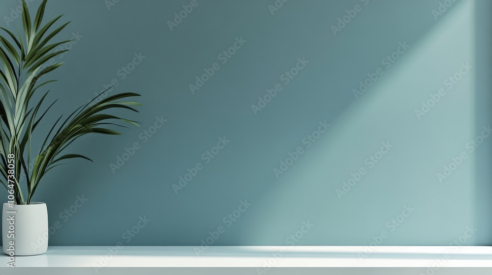 A minimalist indoor scene featuring a potted plant against a soft blue wall with natural light. A minimalist indoor scene featuring a potted plant against a soft blue wall with natural light.