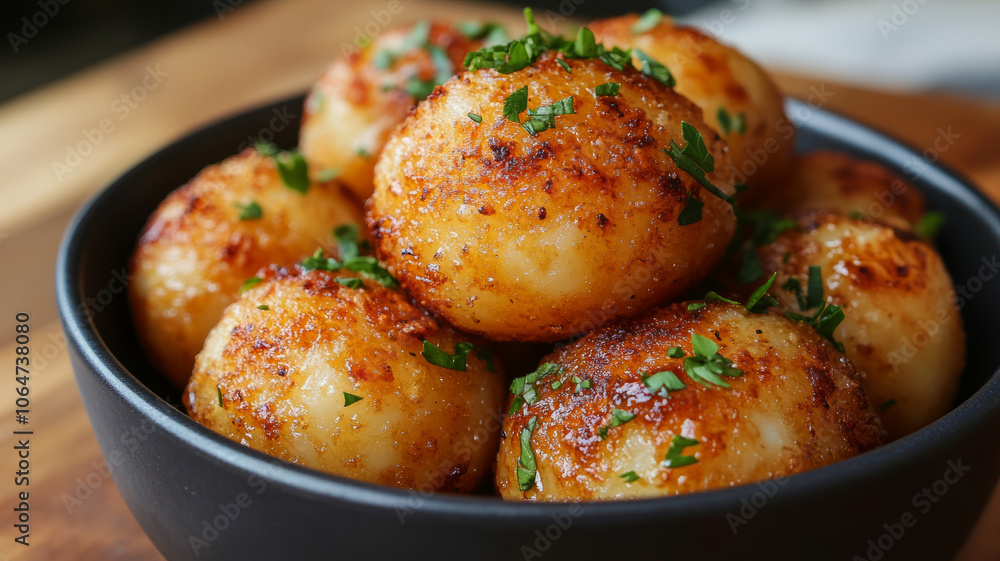 Bowl of seasoned and crispy roasted potatoes. Bowl of seasoned and crispy roasted potatoes.