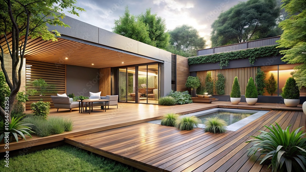 custom made wallpaper toronto digitalModern wooden terrace in lush garden with house interior background, render, terrace, wooden, modern, contemporary