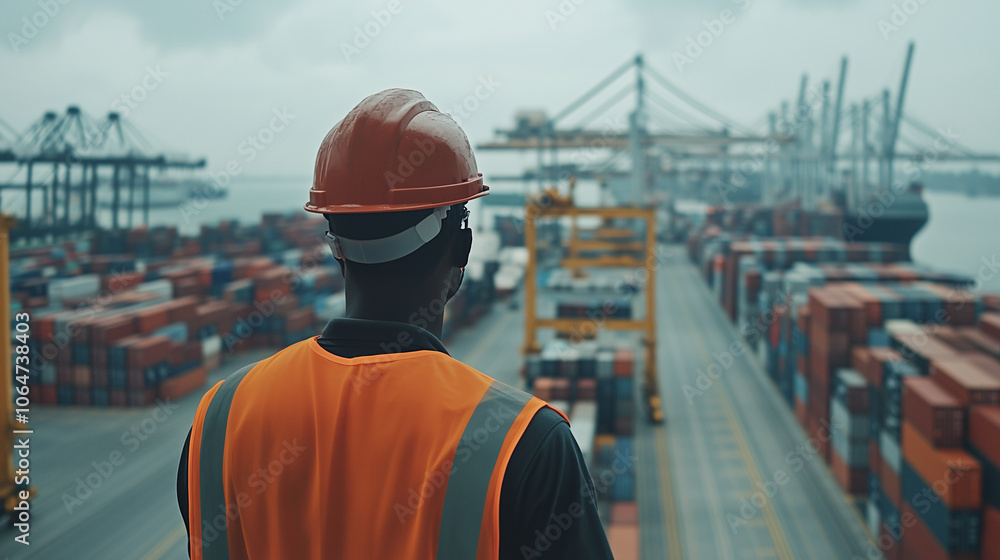 Busy port with an industrial worker in safety gear overseeing container handling operations Busy port with an industrial worker in safety gear overseeing container handling operations