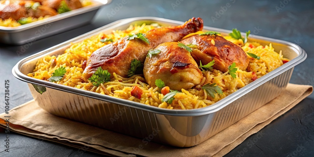 Delicious American halal food chicken over rice served in a to-go container, halal, food, American, cuisine, chicken, rice