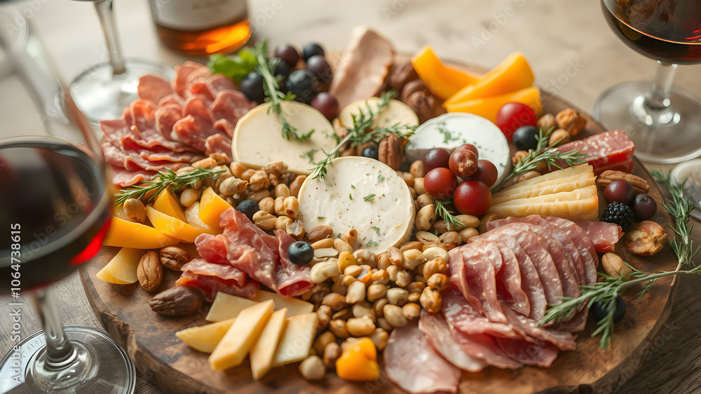 cheese board featuring a variety of cheeses, grapes, and accompaniments, paired with glasses of red wine cheese board featuring a variety of cheeses, grapes, and accompaniments, paired with glasses of red wine