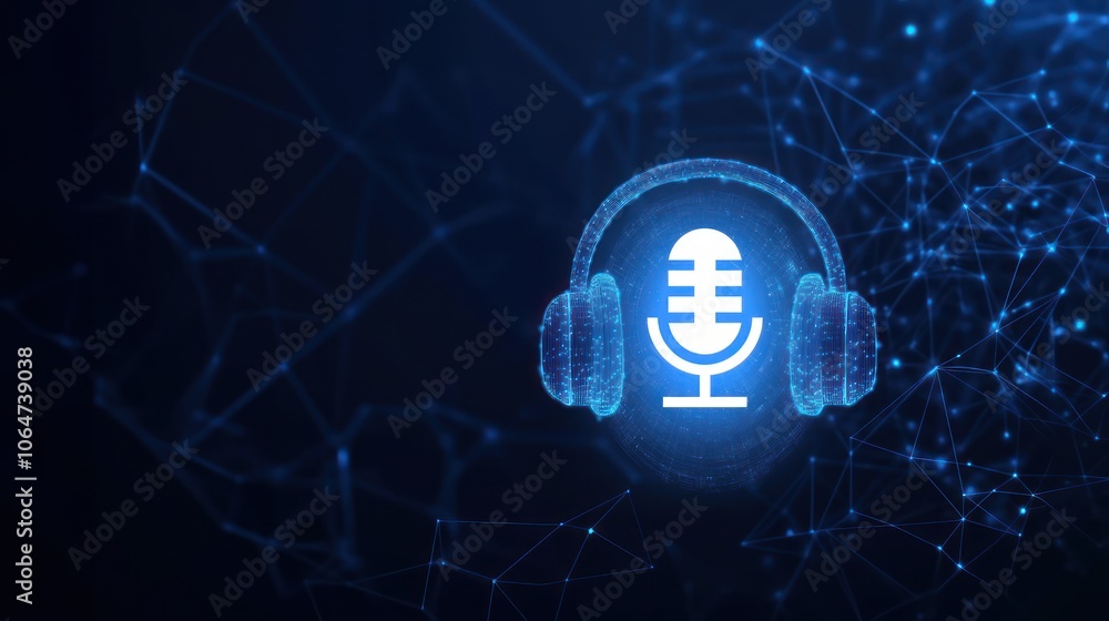Blue digital ear outline with headphones and voice search icon, representing audio podcast income, tech elements, podcast monetization Blue digital ear outline with headphones and voice search icon, representing audio podcast income, tech elements, podcast monetization