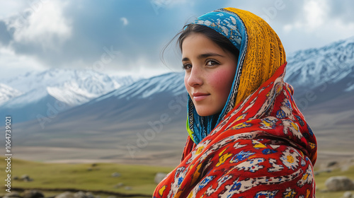 Wakhi woman with vibrant headscarf smiling and gazing at the horizon in the wakhan corridor, pamir, badakhshan, afghanistan photo