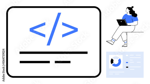 Developer working on laptop with code snippet and analytics dashboard. Ideal for software development, coding, web design, data analysis, tech education, digital marketing, and project management