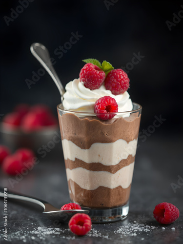 Vanilla mousse and chocolate , trifle, panna cotta or parfait with raspberry in a glass. Sweet summer dieting dessert.