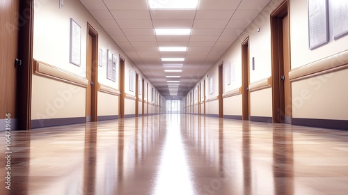 A lonely high school hallway with bright lighting