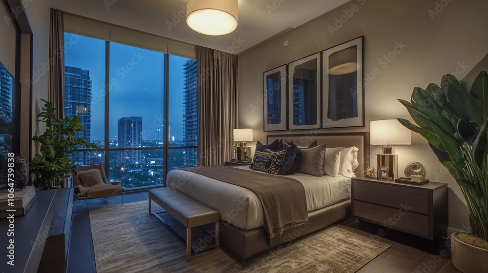 Fototapeta premium Luxury apartment bedroom with king size bed and large window