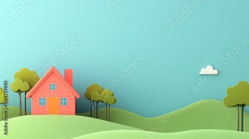 A colorful paper-cut style illustration of a house surrounded by trees and hills under a blue sky.