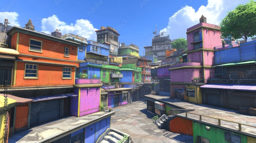A vibrant urban scene with colorful buildings and a clear blue sky. A vibrant urban scene with colorful buildings and a clear blue sky.