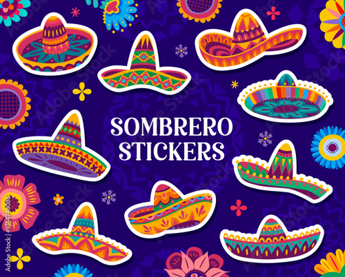 Mexican sombrero hat stickers with Latin ornament patterns, vector icons. Cartoon Mexican stickers of sombrero or cowboy charro hats for Cinco de Mayo holiday and Mexico fiesta celebration