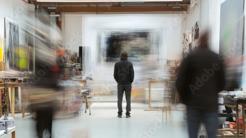 Lone artist standing quietly among other creatives in a studio gallery evoking a sense of solitude and introspection with motion blur