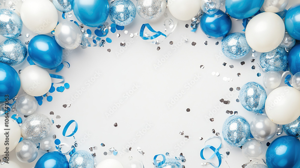 Celebration Background with Blue and Silver Balloons on White Celebration Background with Blue and Silver Balloons on White