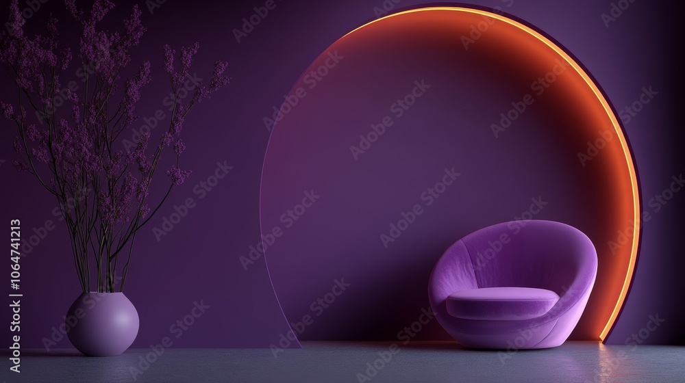 Obraz premium A modern purple interior featuring a stylish chair and decorative plant with ambient lighting.