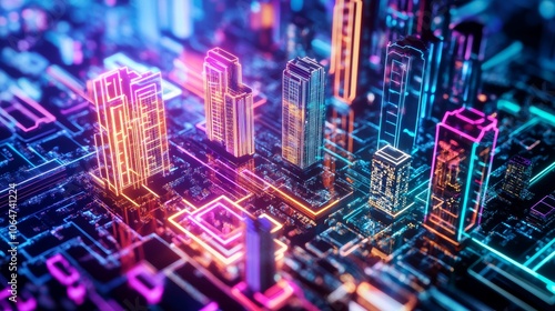 Neon-colored digital cityscape in cyberspace representing virtual real estate in the metaverse