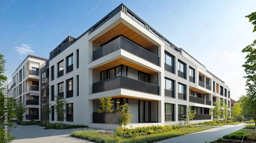 Modern urban apartment block with flat facade and featuring glass balconies and neutral tones Modern urban apartment block with flat facade and featuring glass balconies and neutral tones