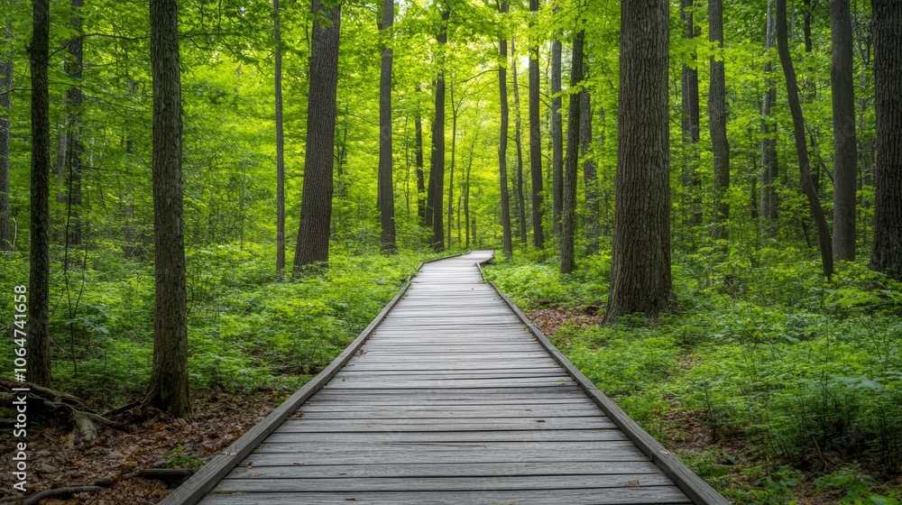 Peaceful wooden boardwalk stretching into a dense green forest inviting quiet exploration among towering trees Peaceful wooden boardwalk stretching into a dense green forest inviting quiet exploration among towering trees
