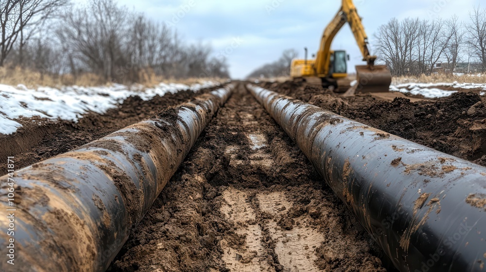Heavyduty pipes laid out next to an open road trench, road pipe laying work, representing preparation for underground utility work