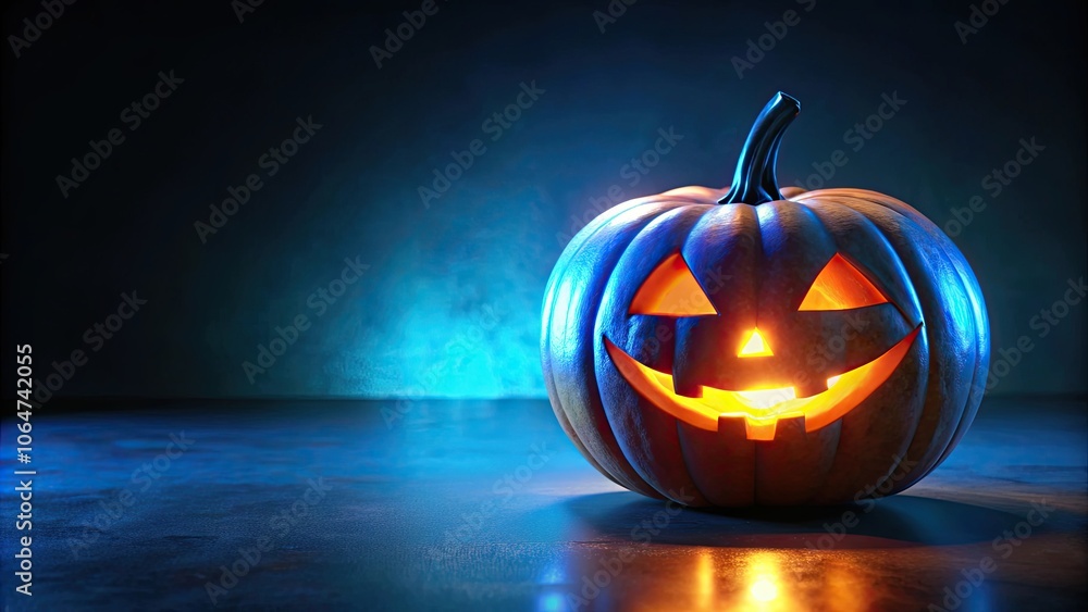 Eerie jack-o'-lantern with vivid blue glow illuminates dark space, Halloween, pumpkin, carving, spooky, glowing, eerie, dark Eerie jack-o'-lantern with vivid blue glow illuminates dark space, Halloween, pumpkin, carving, spooky, glowing, eerie, dark