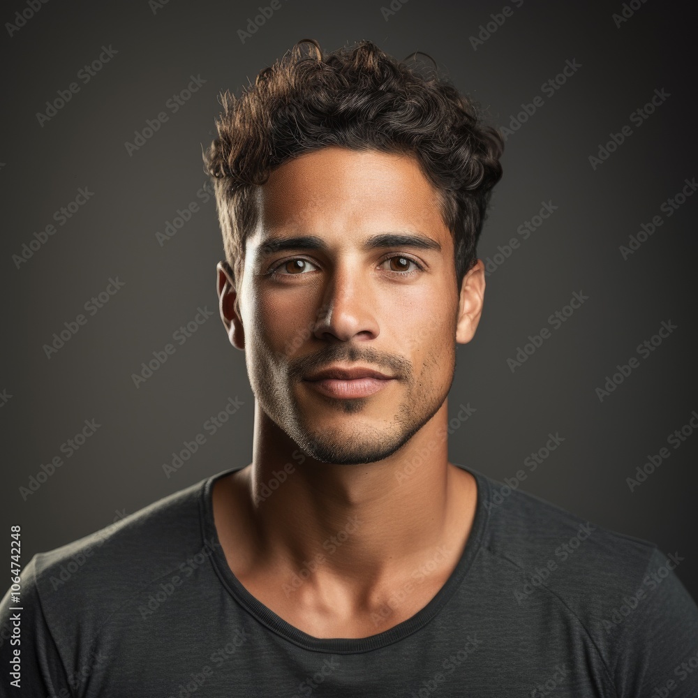 Determined man in relaxed attire with strong demeanor against a lively studio background Determined man in relaxed attire with strong demeanor against a lively studio background